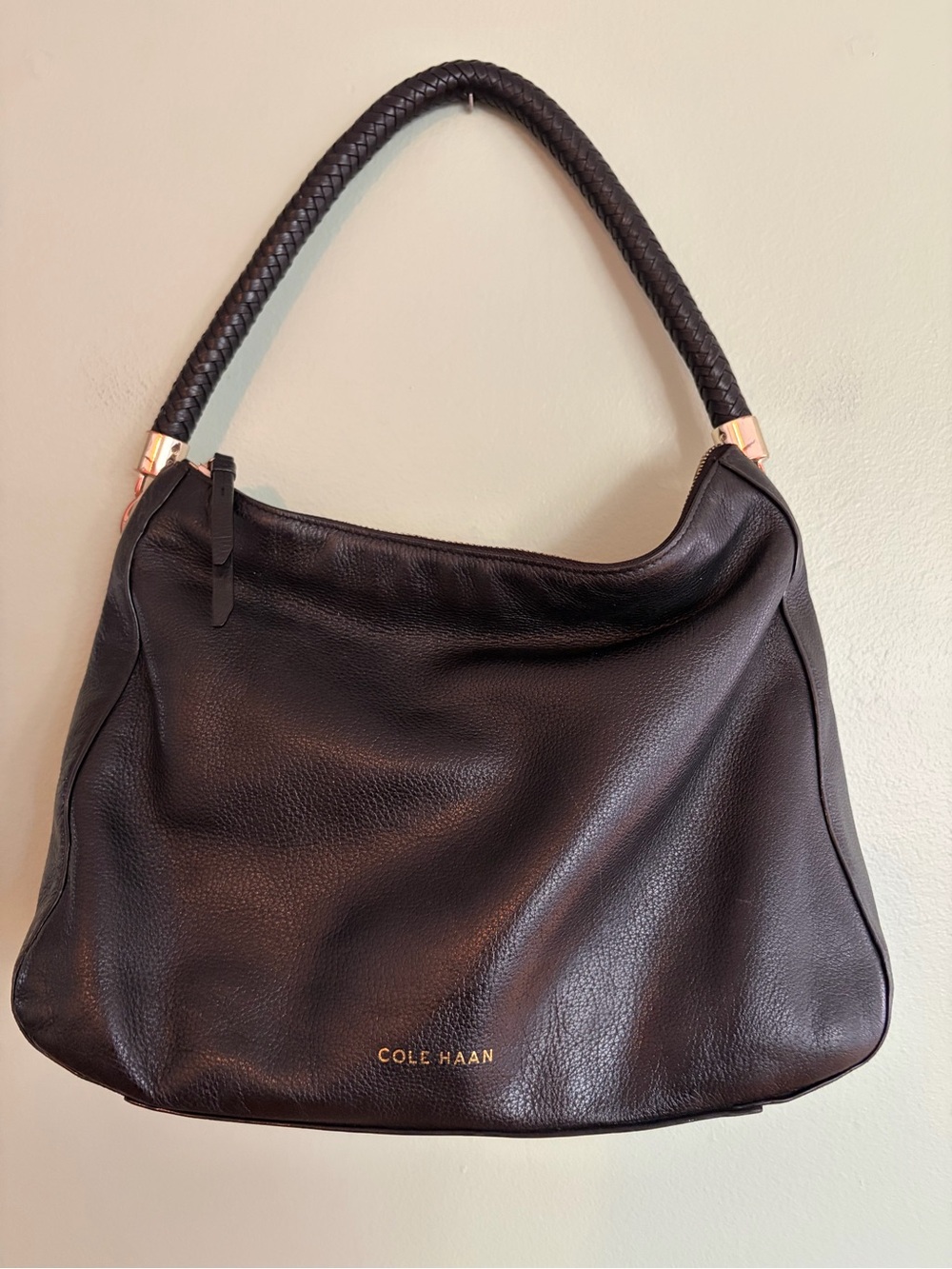 Cole Haan Black Leather Hobo Bag Braided Strap Crossbody Shoulder Purse Boho Y2K